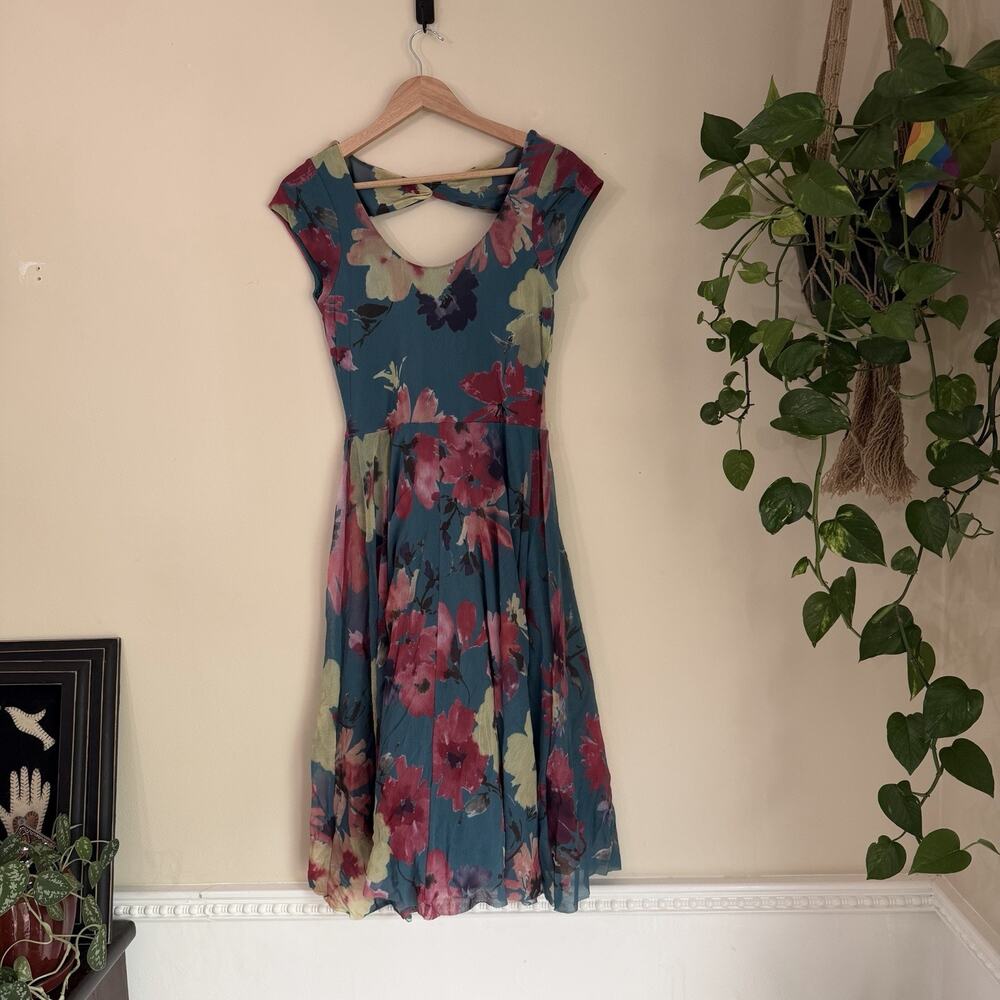 Weston Wear Floral Dress Women’s Large Teal Pink Open Back Midi Boho Cottagecore